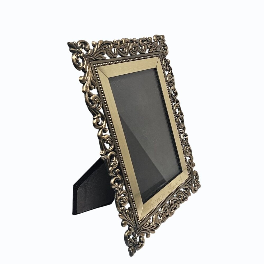 Brass "Forever Friends" Tabletop Photo Frame Ornate Scroll Border Heavy